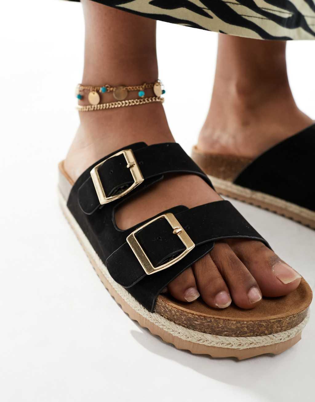 South Beach double buckle espadrille sandals in black textile Product Image