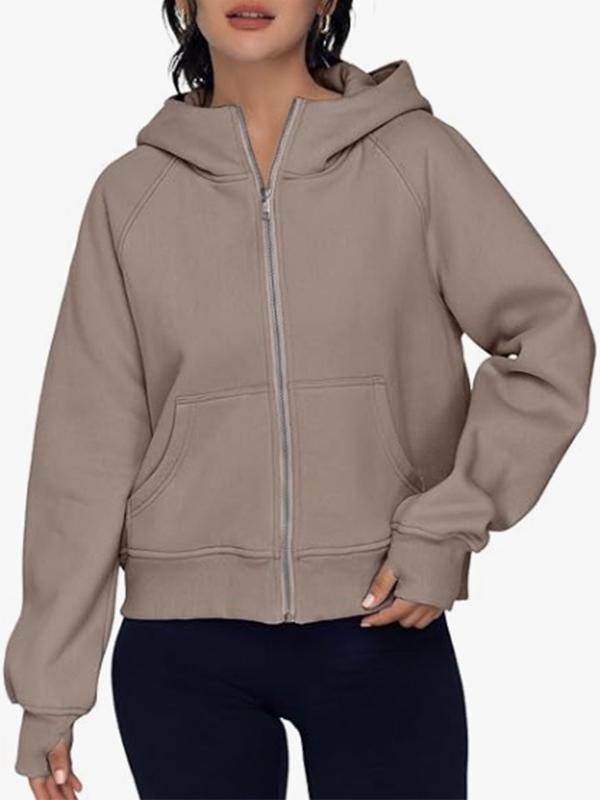 Hooded Long Sleeves Pockets Solid Color Zipper Jackets Outerwear Product Image