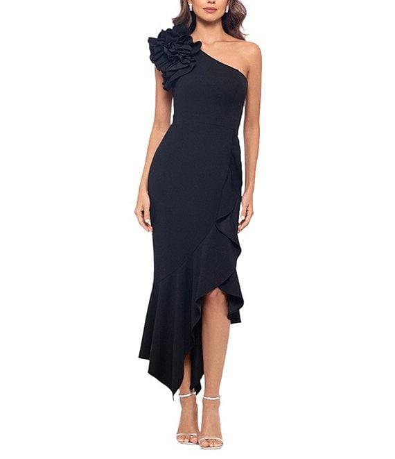 Xscape 3D Ruffle Shoulder Ruffle Front Asymmetrical Hem Scuba Crepe Midi Dress Product Image