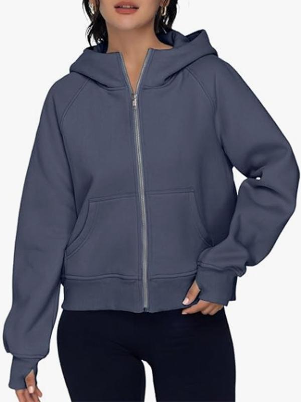 Hooded Long Sleeves Pockets Solid Color Zipper Jackets Outerwear Product Image