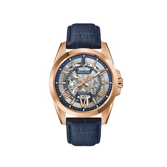 Mens Bulova Blue Leather Strap Automatic Skeleton Watch - 97A161 Product Image