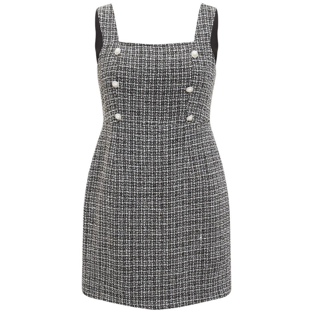 Plus Size Plaid Tweed Zipper Pearl Beaded Tank Dress Black Women Office Zipper Square Neck Sleeveless Curvy Short Dress BloomChic 22-24/3X Product Image