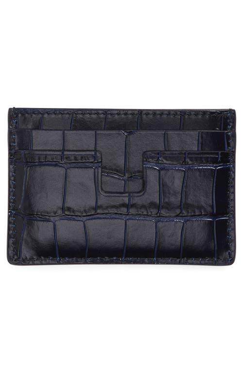 T-line Croc Embossed Leather Card Case In Blue Product Image