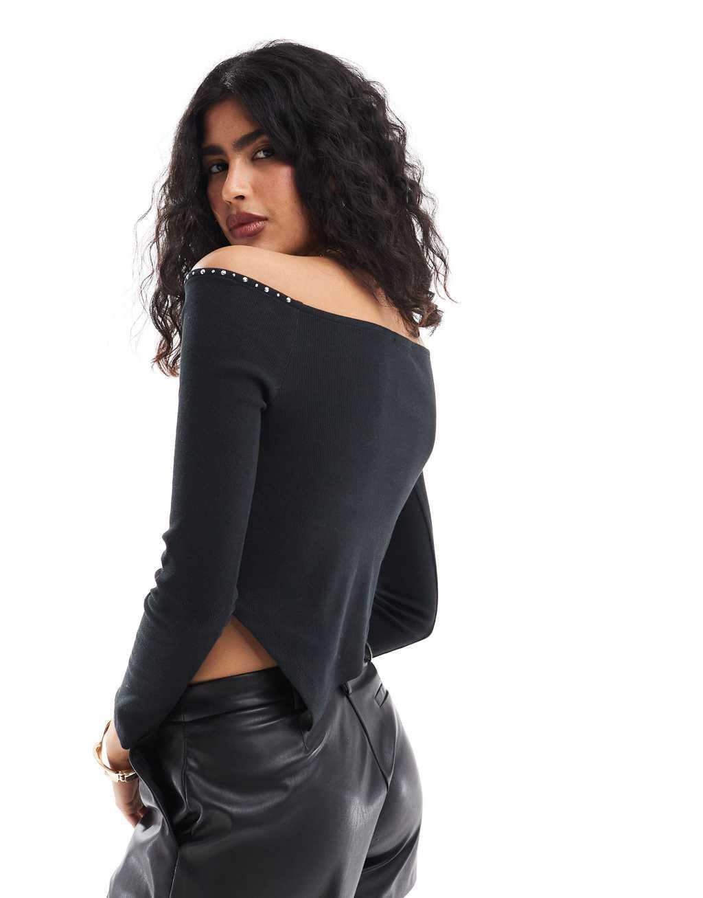 ASOS DESIGN asymmetric long sleeve top with stud detail in black Product Image