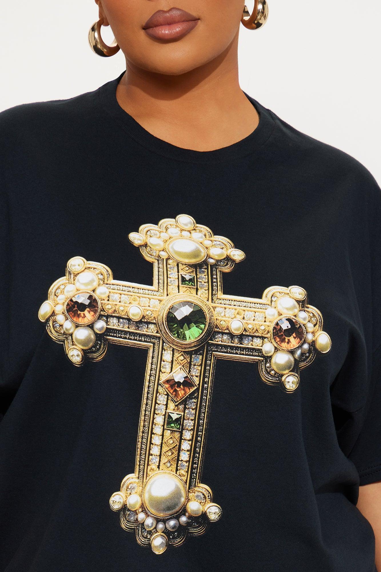 Jeweled Cross Oversized Tee - Black Female Product Image