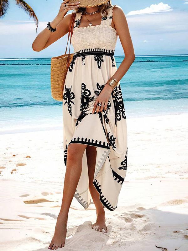 A-Line Loose Elasticity Pleated Printed Split-Joint Square-Neck Maxi Dresses Product Image