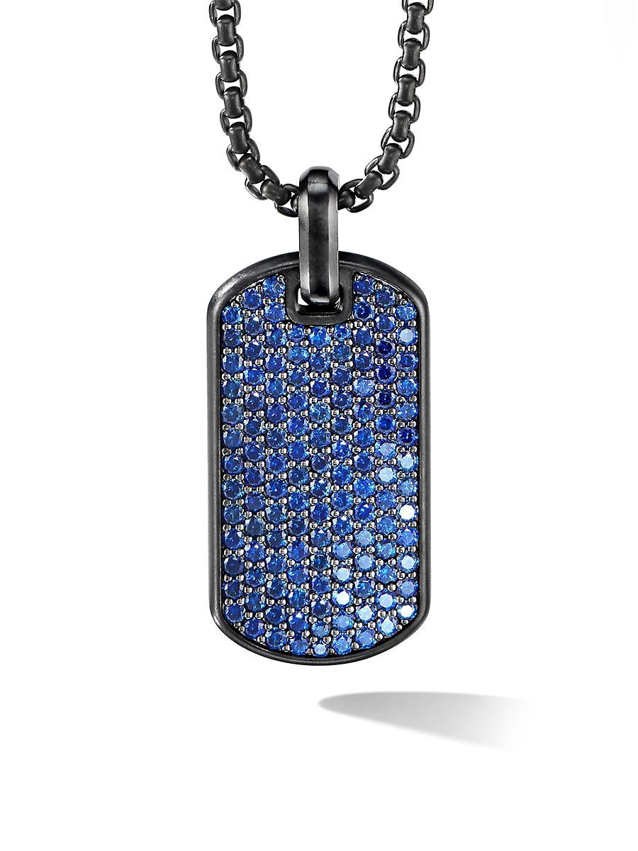 Mens The Pav Collection Sterling Silver, Black Titanium & Blue Sapphire Streamline Tag Pendant Product Image