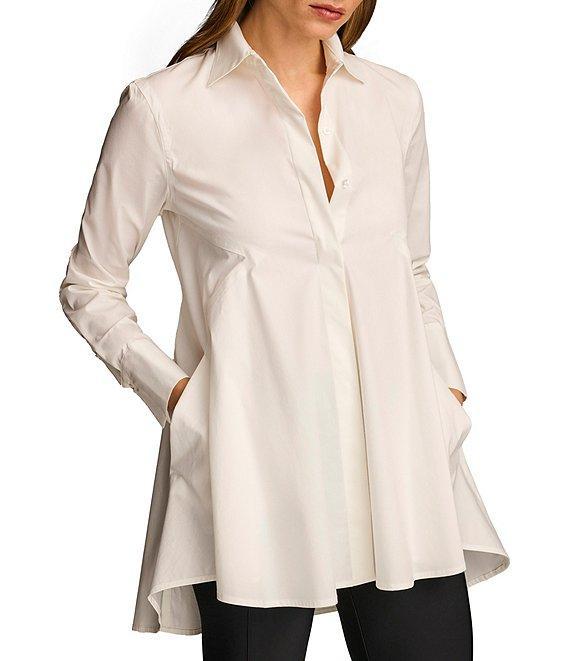 Donna Karan Woven Button Front Collared Long Sleeve High-Low A-line Tunic Product Image