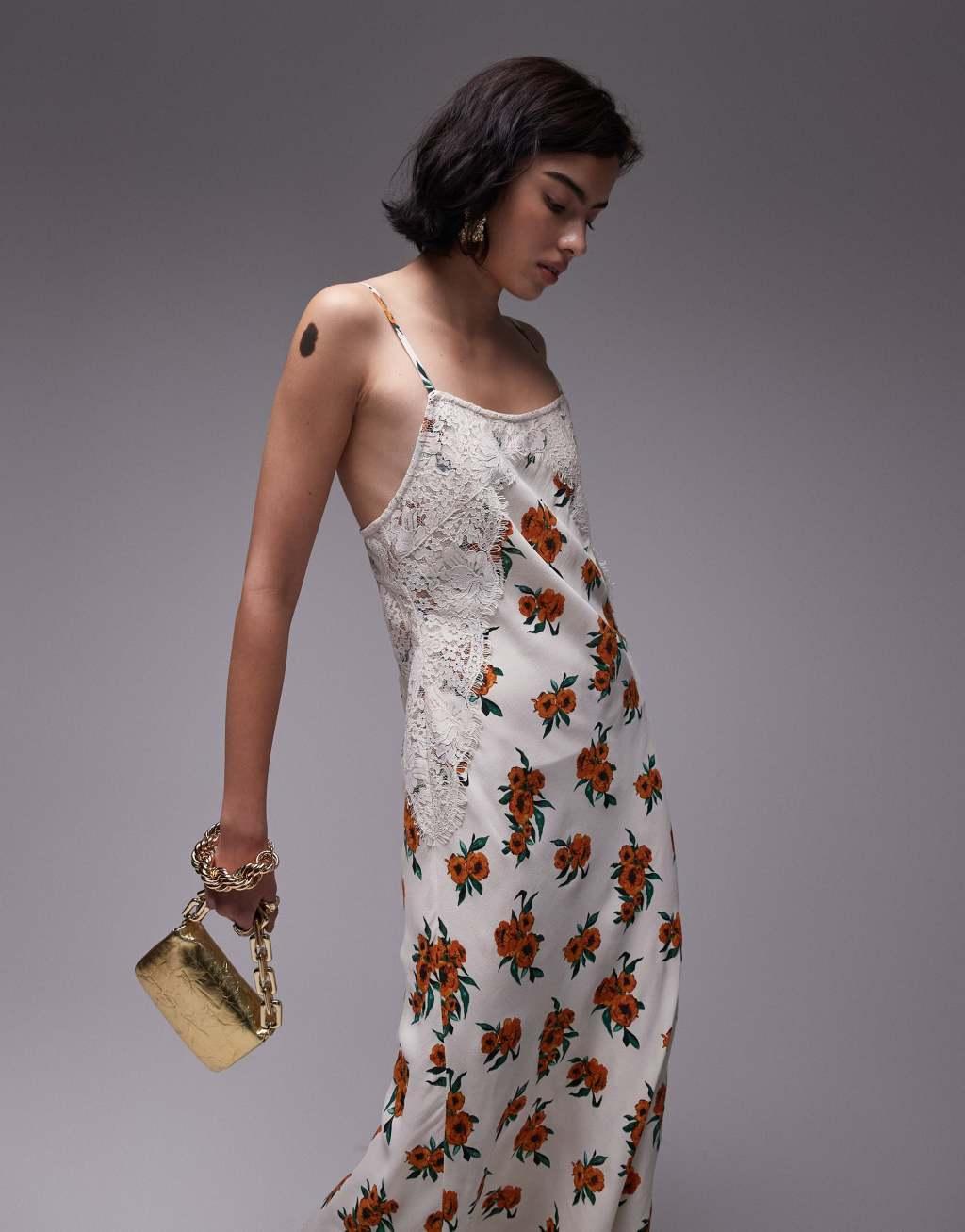 Topshop premium white and orange floral and lace maxi slip dress Product Image