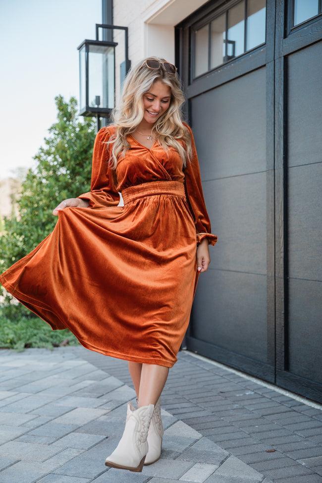 Love Made Me Rust Velvet Surplice Midi Dress Product Image