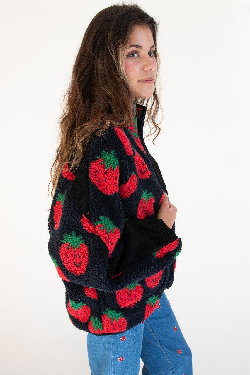 Fruit Pattern Corduroy Detail Faux Sherpa Jacket Product Image