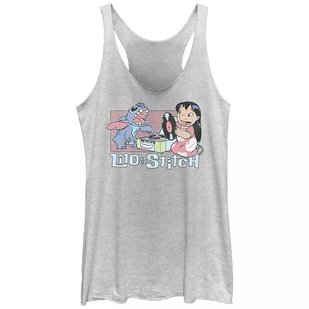 Disney's Lilo & Stitch Record Player Music Session Juniors' Tri-Blend Racerback Tank Top, Girl's, Size: XS, White Grey Product Image