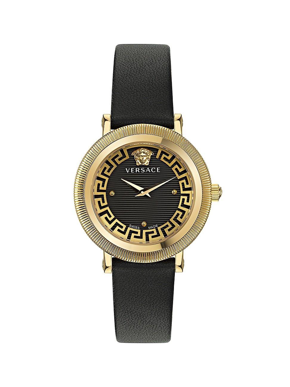 Versace Womens Greca Flourish Quartz Analog Black Leather Strap Watch - IP Yellow Gold Product Image