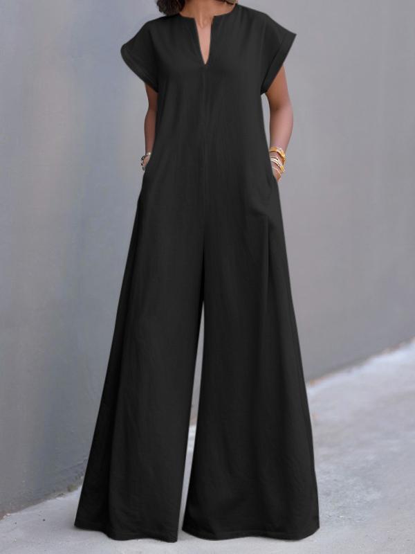 High Waisted Loose Pleated Pockets Solid Color V-Neck Jumpsuits Product Image