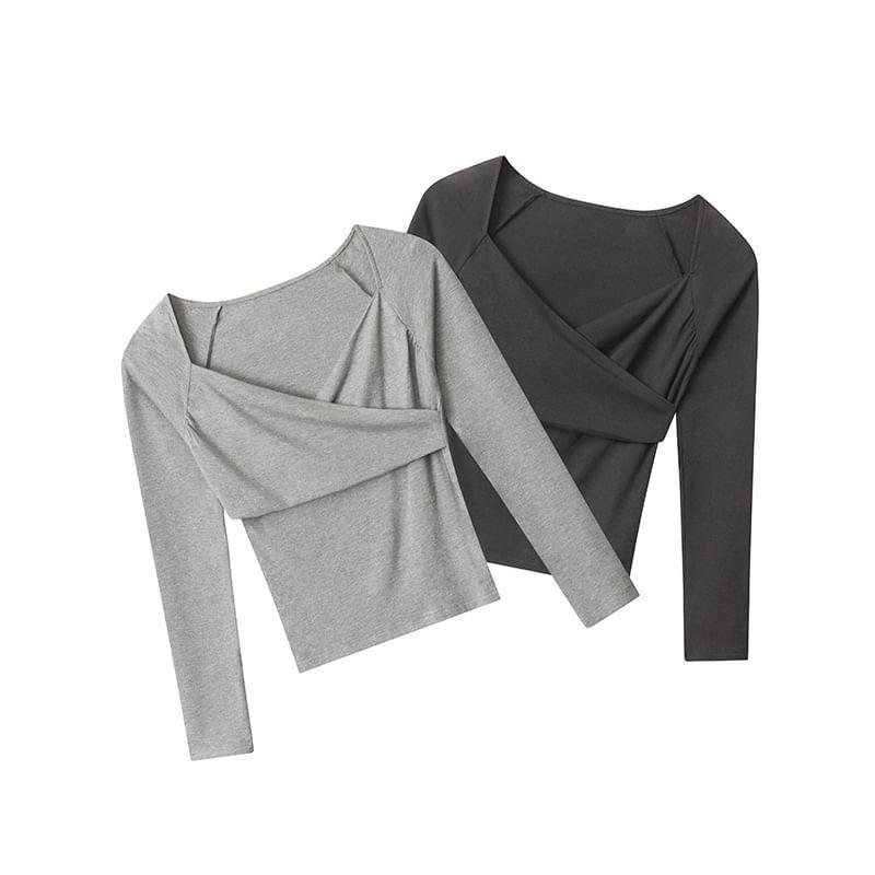 Long Sleeve Square-Neck Plain Slim-Fit Top Product Image