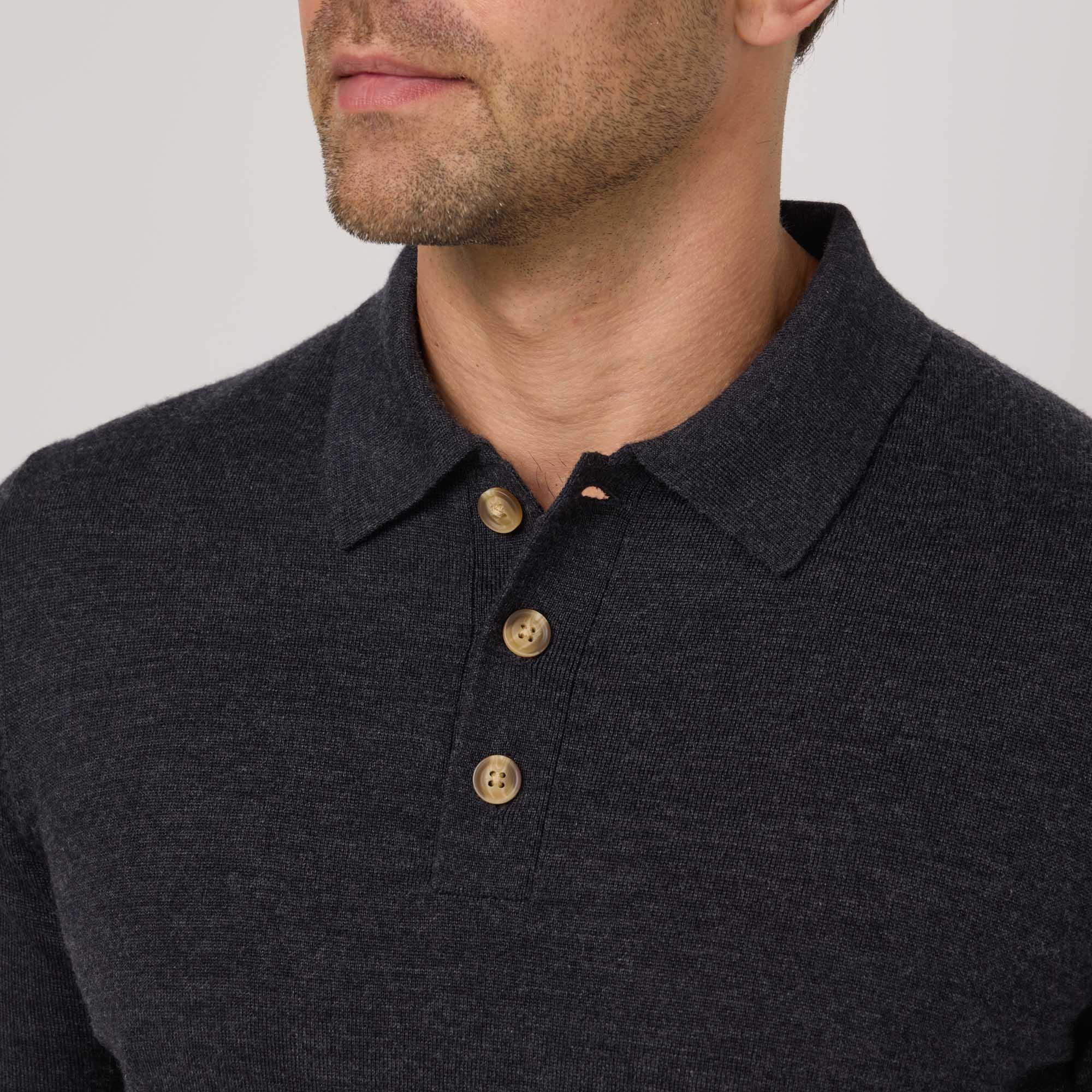 Merino Wool Long Sleeve Polo | Dark Charcoal Heather Product Image