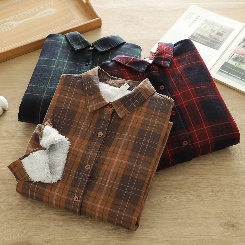 Long Sleeve Lapel Collar Plaid Button Shirt Product Image