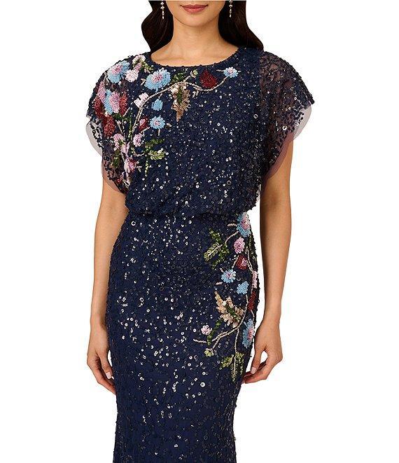 Adrianna Papell Petite Size Beaded Sequin Mesh Floral Mermaid Boat Neck Short Dolman Sleeve Gown Product Image