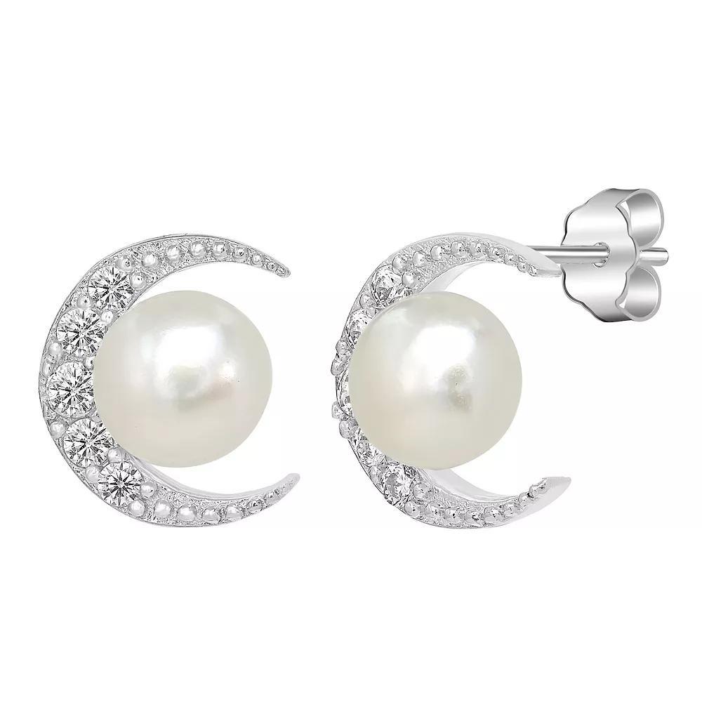 Gemistry Sterling Silver Cubic Zirconia Crescent Moon & Freshwater Cultured Pearl Stud Earrings, Women's Product Image