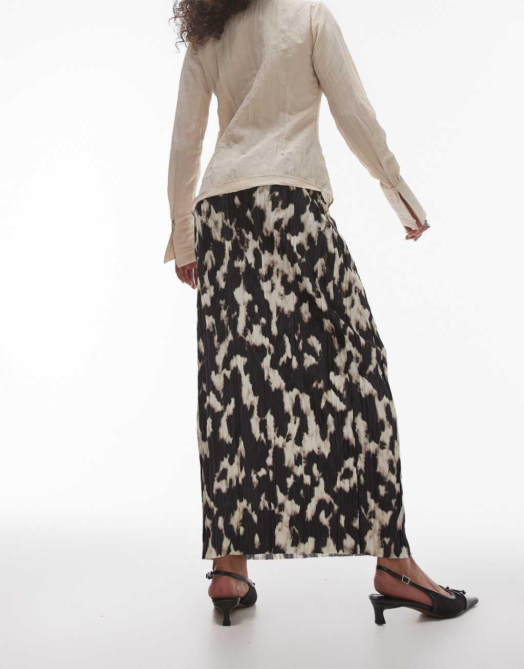 Topshop abstract leopard print plisse midi skirt in brown Product Image