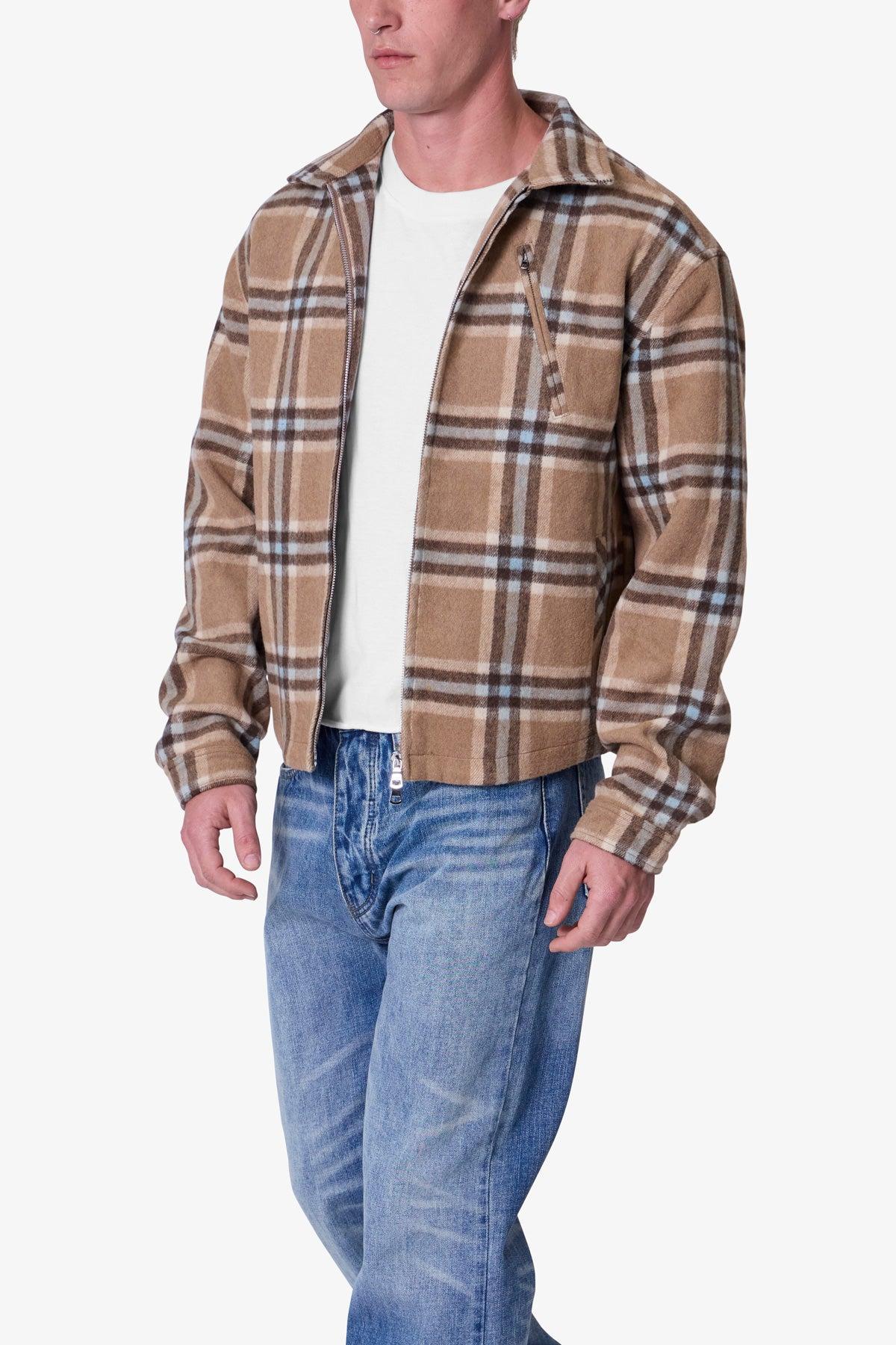 Plaid Flannel Front Zip Jacket - Brown/Cream Product Image