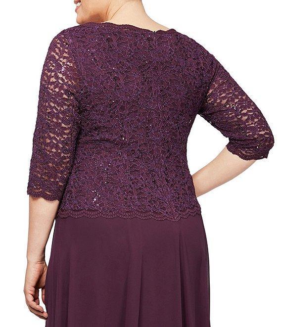 Alex Evenings Plus Size Sequin Lace 3/4 Illusion Sleeve Scallop Round Neck Bodice Chiffon Skirted Dress Product Image