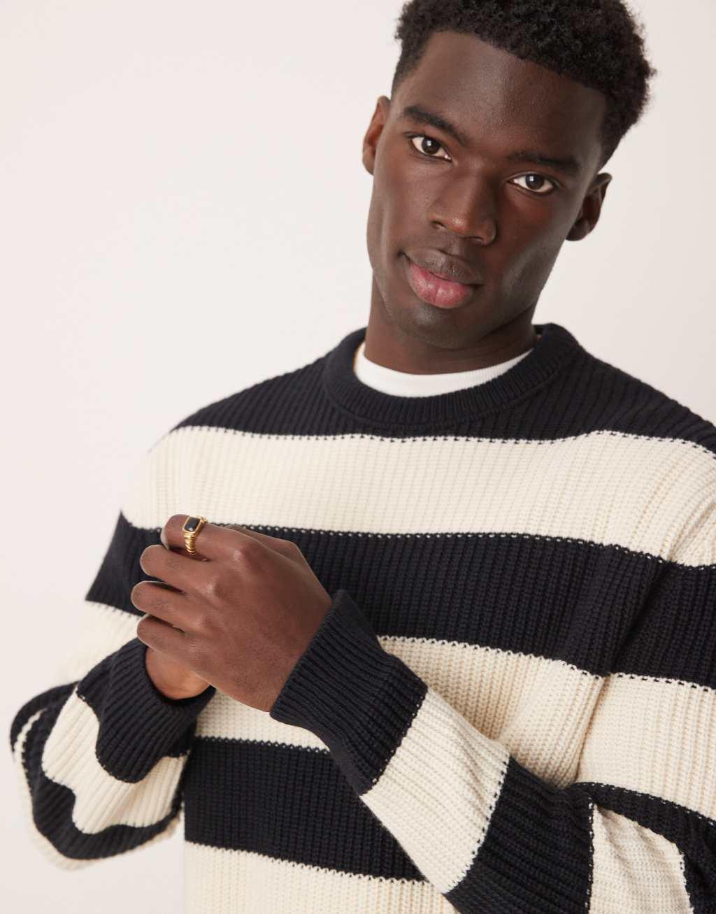 ASOS DESIGN oversized boxy fit rib knit fisherman sweater with stripes in navy Product Image