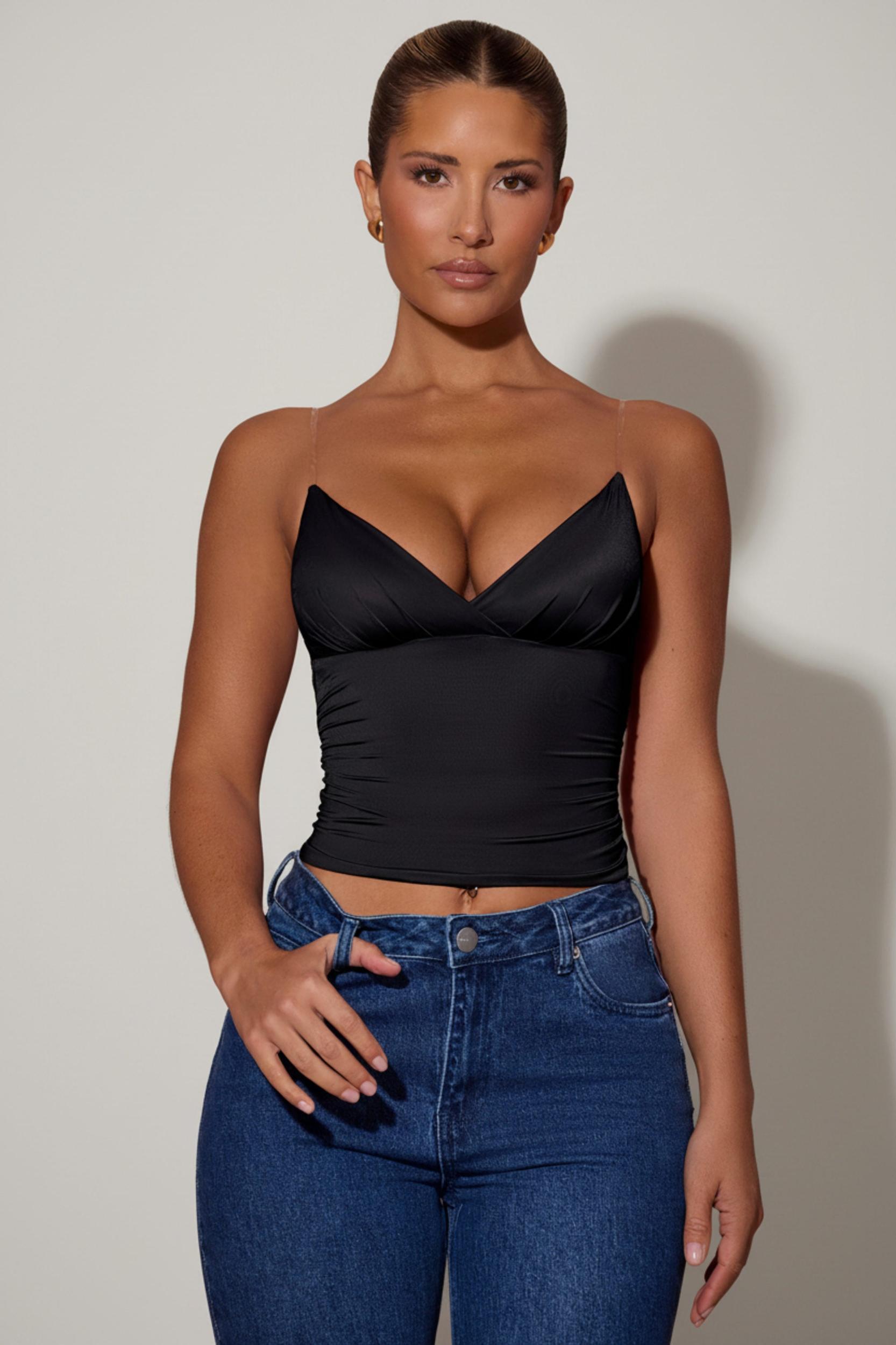 Ruched Plunge-Neck Camisole Top in Black Product Image