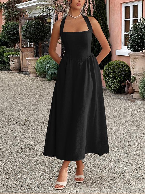 A-Line High Waisted Backless Pleated Solid Color Zipper Halter-Neck Midi Dresses Product Image