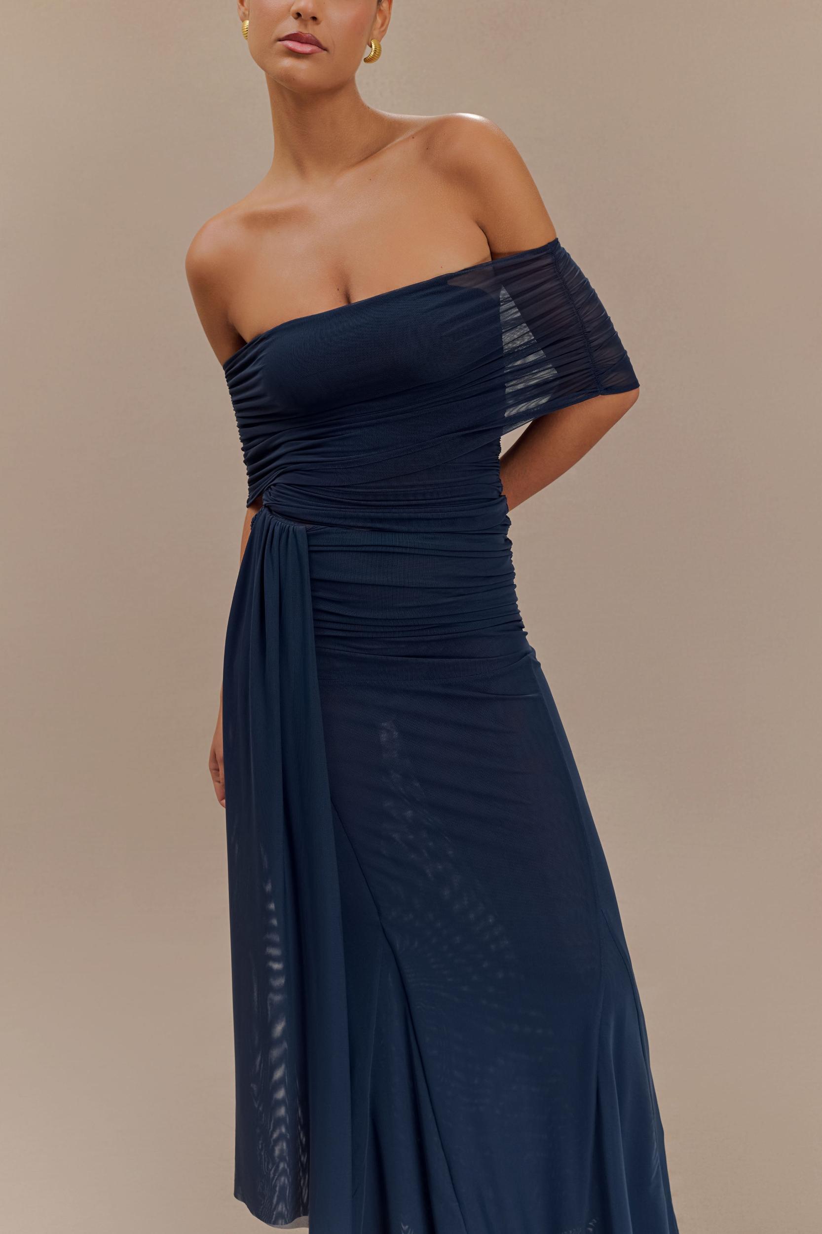 Arna Off Shoulder Mesh Crop Top - Midnight Blue Product Image