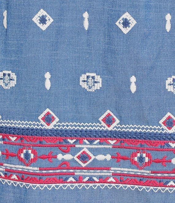 Calessa Plus Size Embroidered Point Collar Long Roll-Tab Sleeve Button Front Tunic Product Image