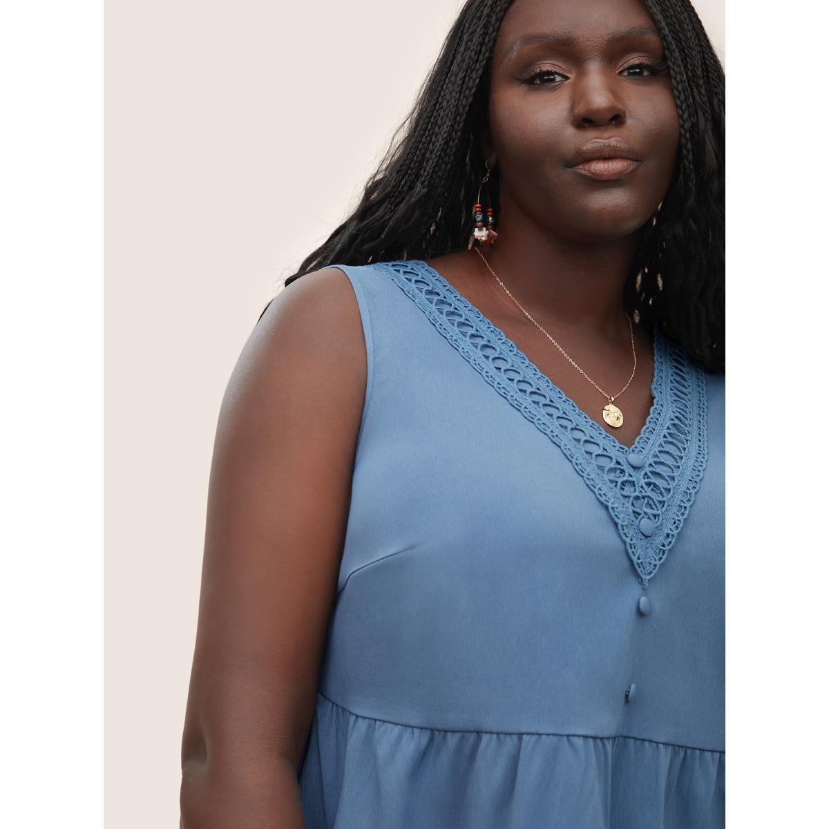 Plus Size Solid Lace Patchwork Gathered Tank Top Women Stone Elegant Button V-neck Everyday Tank Tops Camis BloomChic 12/L Product Image