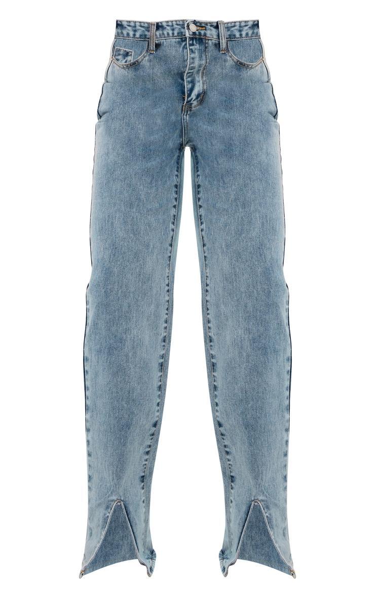 Light Blue Wash Front Split Long Leg Straight Jeans Product Image