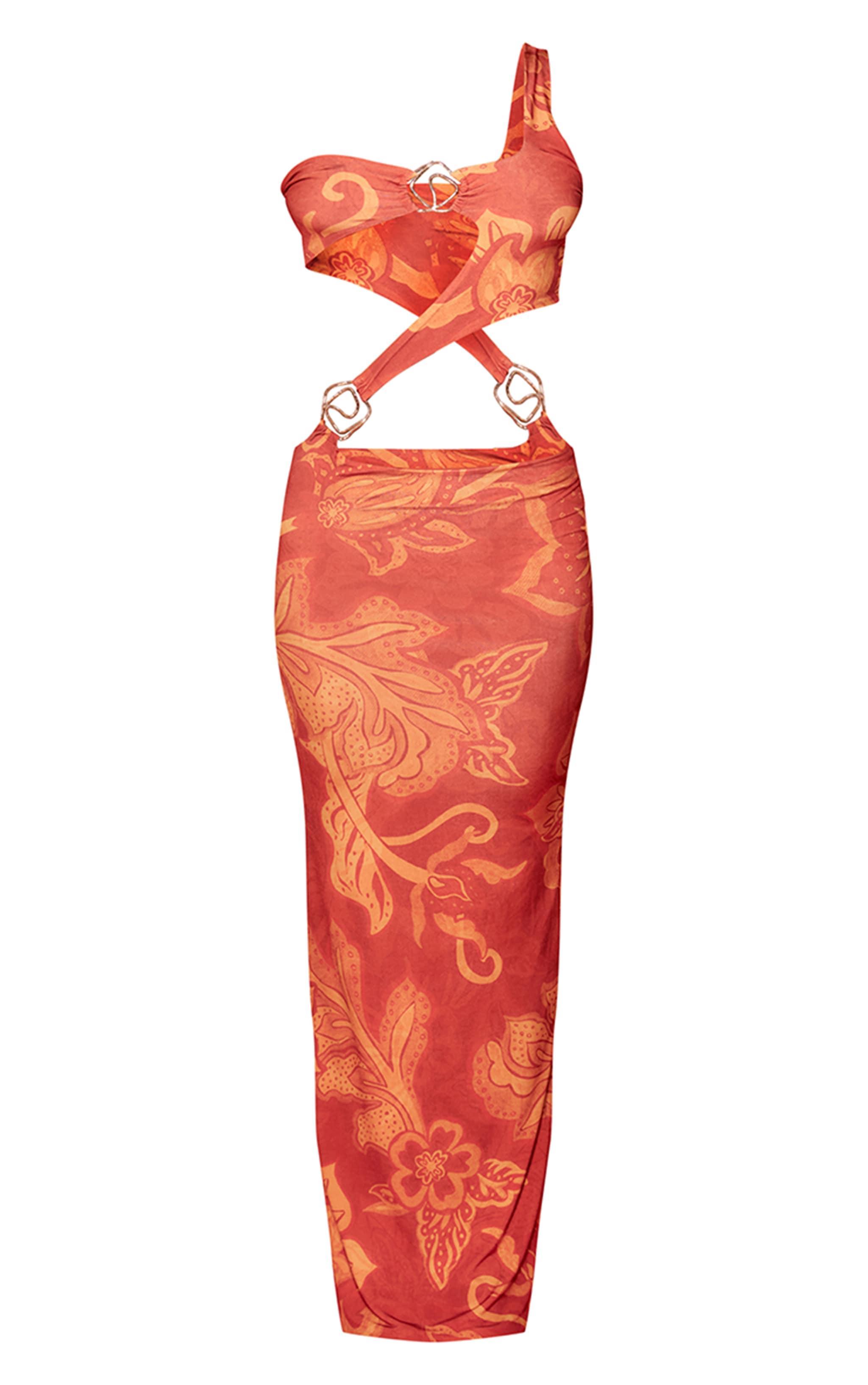 Orange Floral Print Double Layer Slinky Trim Detail Maxi Dress Product Image