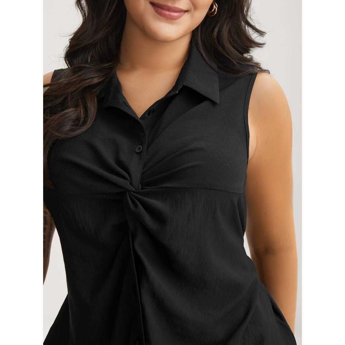 Plus Size Twist Front Button Placket Tank Top Women Black Twist Shirt collar Work Tank Tops Camis BloomChic 18-20/2X Product Image