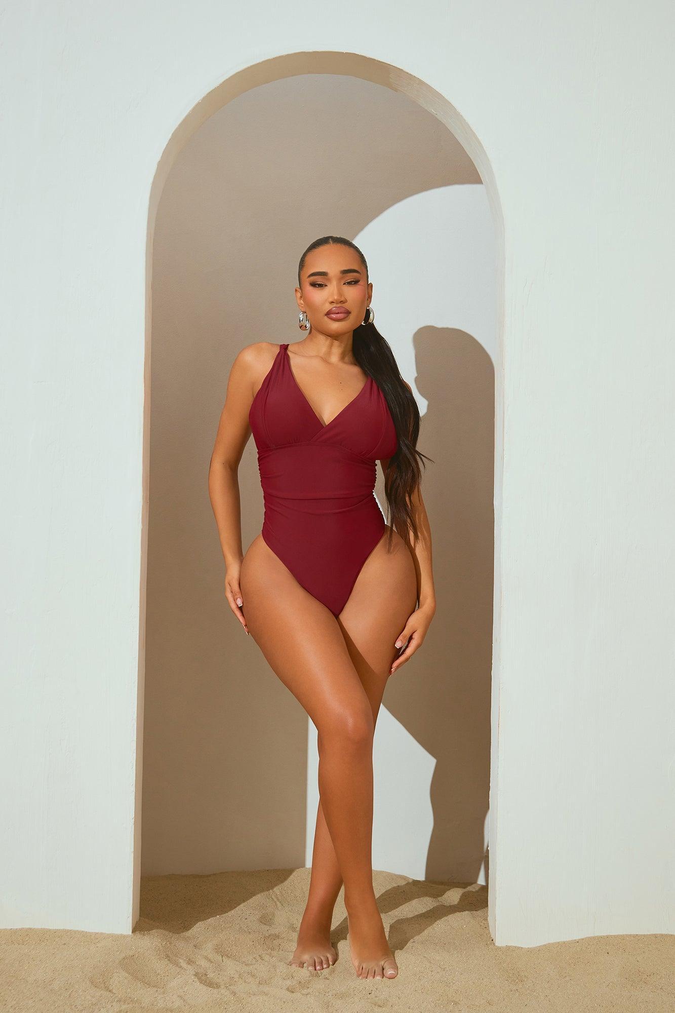 Myra Draped 1 Piece Swimsuit - Burgundy Product Image