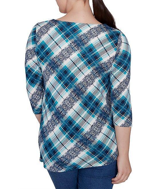 Ruby Rd. Knit Plaid O-Ring Detail Crew Neck 3/4 Sleeve Hatchi Top Product Image