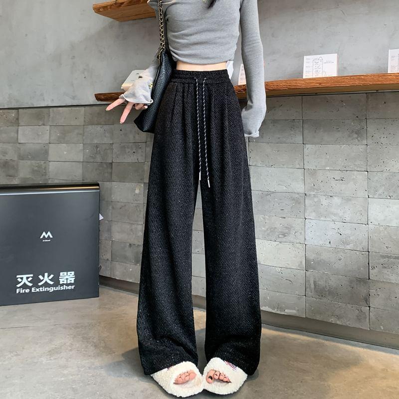 Drawstring Waist Glitter Fleece-Lined Wide Leg Pants Product Image