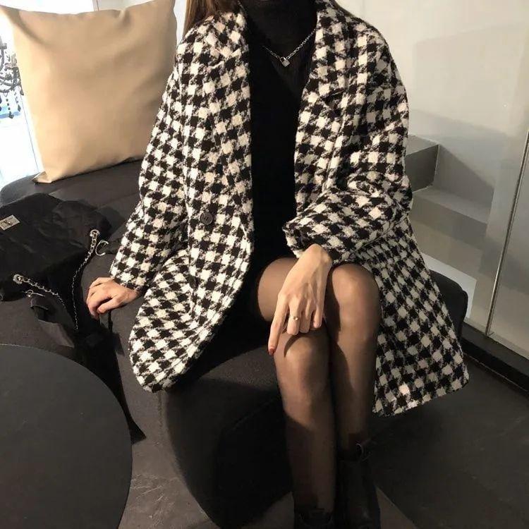 Lapel Collar Houndstooth Double-Breasted Coat Product Image