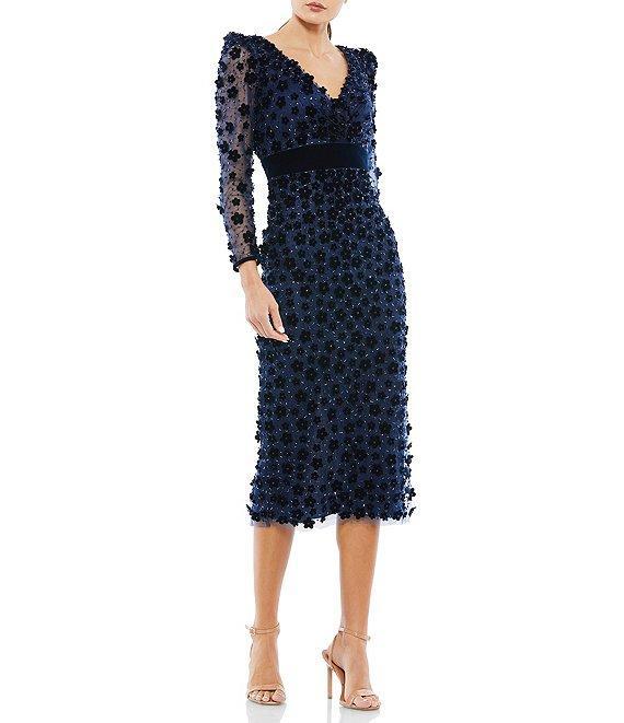 Mac Duggal Floral Print Embellished V-Neck Illusion Long Sleeve Midi Dress Product Image