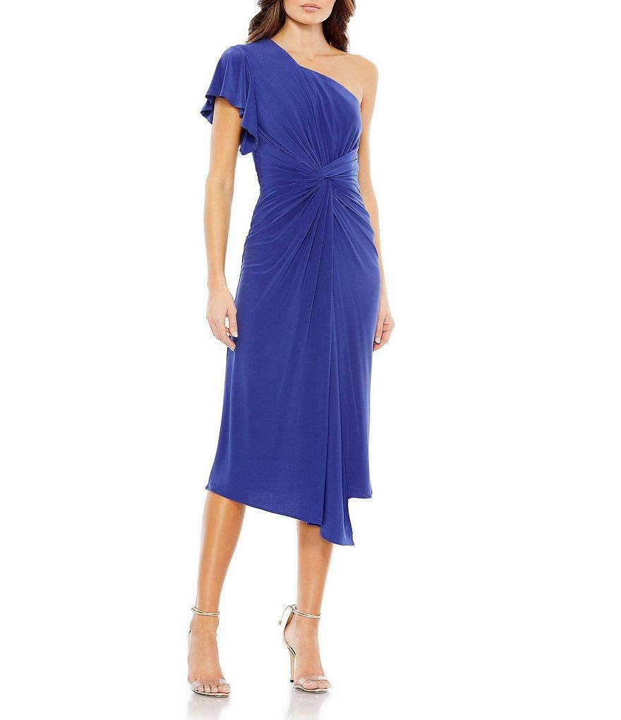 Mac Duggal Asymmetrical Hem One Shoulder Short Flutter Sleeve Ruched Twist Waist Faux Wrap Midi Dress Product Image