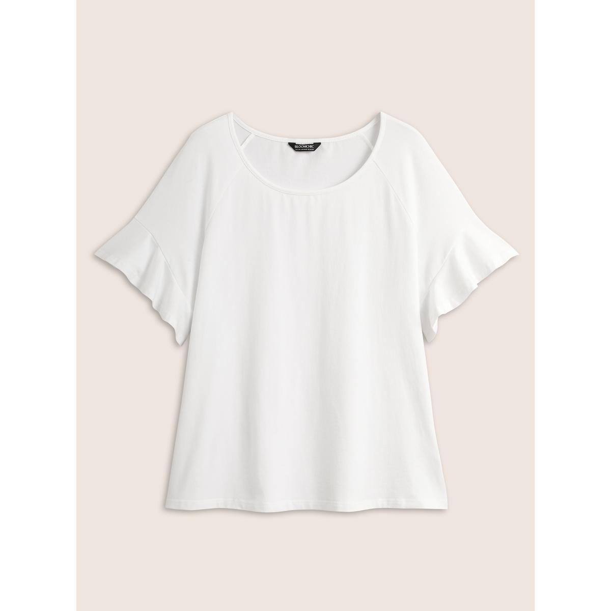 Plus Size Cotton Round Neck Plain Patchwork Ruffles T-shirt Originalwhite Women Timeless Patchwork Round Neck Elegant T-shirts BloomChic 26/4X Product Image