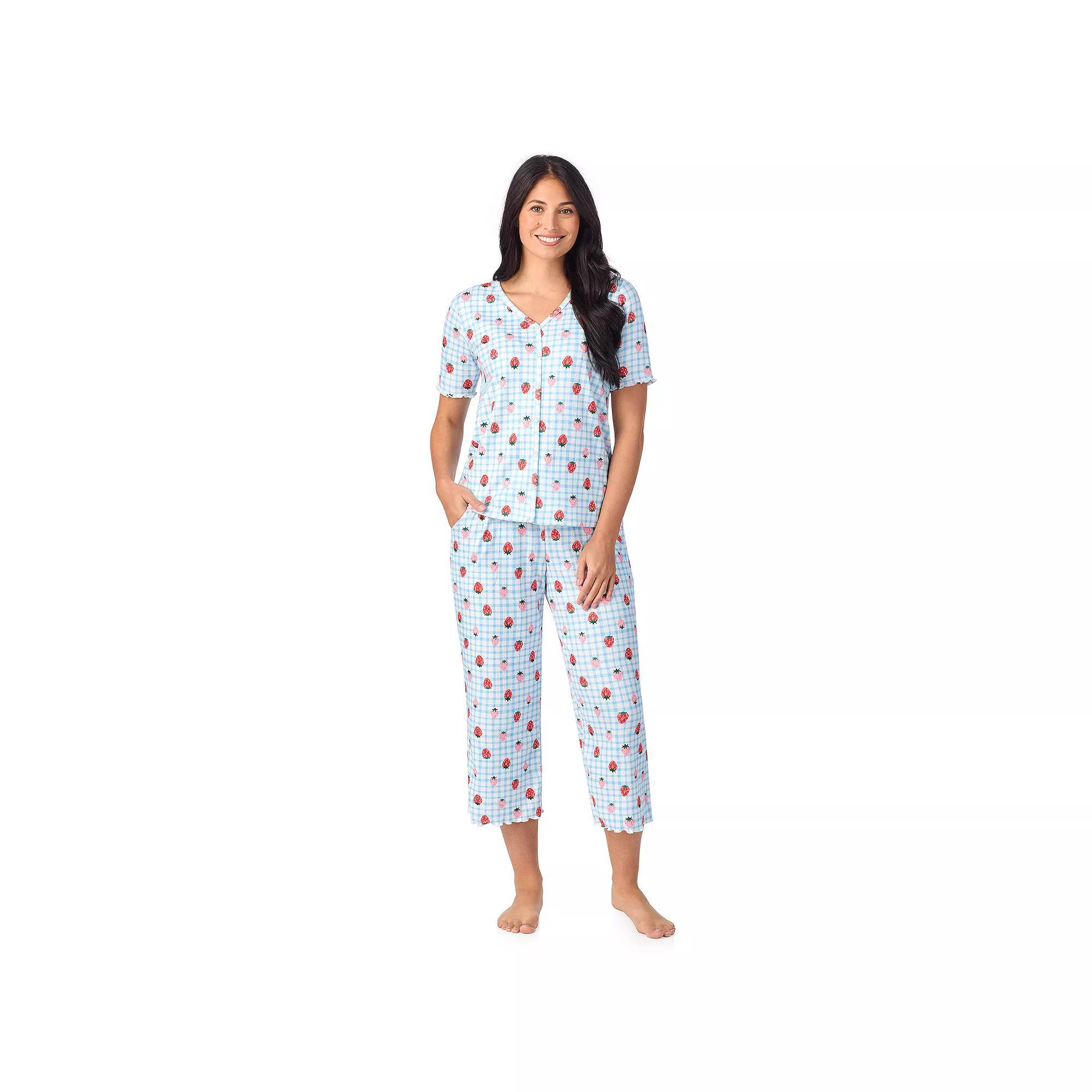 Women's Cuddl Duds® Pointelle Button-Front Pajama Top & Cropped Pajama Bottoms Set, Size: XS, Powder Blue Strawberry Product Image