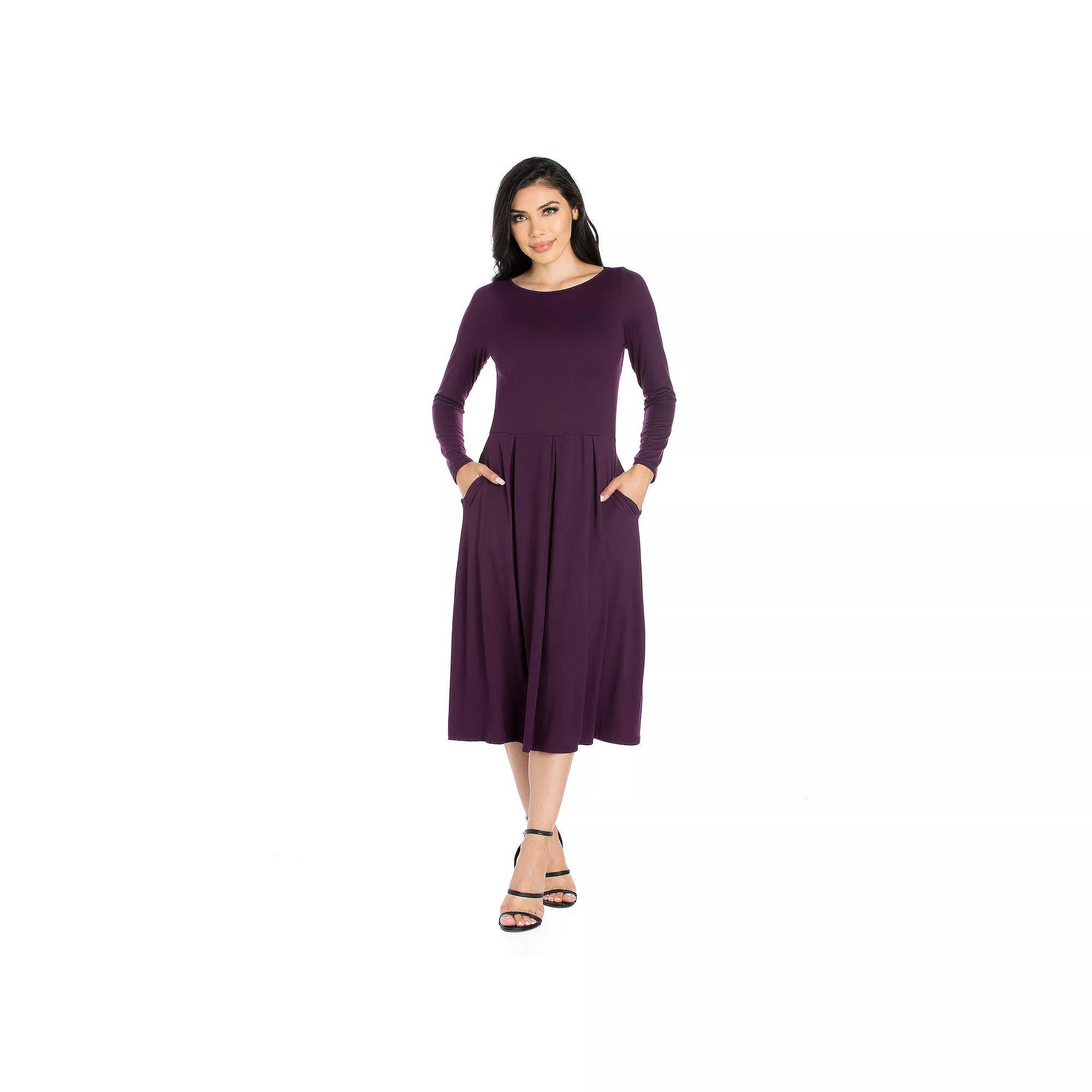 Women's 24Seven Comfort Apparel Long Sleeve Fit & Flare Dress with Pockets,  Product Image