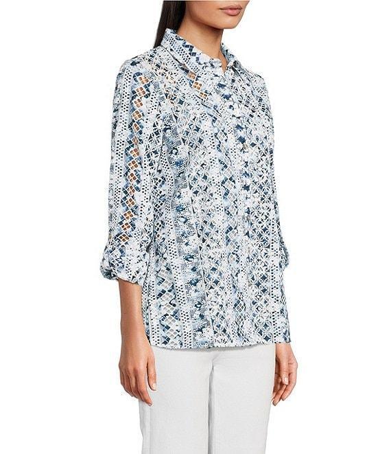 John Mark Allover Embroidered Eyelet Printed Point Collar Long Roll-Tab Sleeve Button Front Tunic Product Image