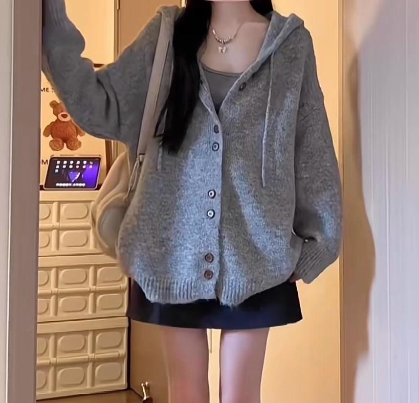 Plain Hooded Cardigan Product Image