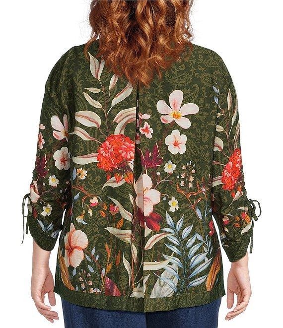 John Mark Plus Size Floral Print Wire Collar 3/4 Cinched Tie Sleeve Button Front Shirt Product Image