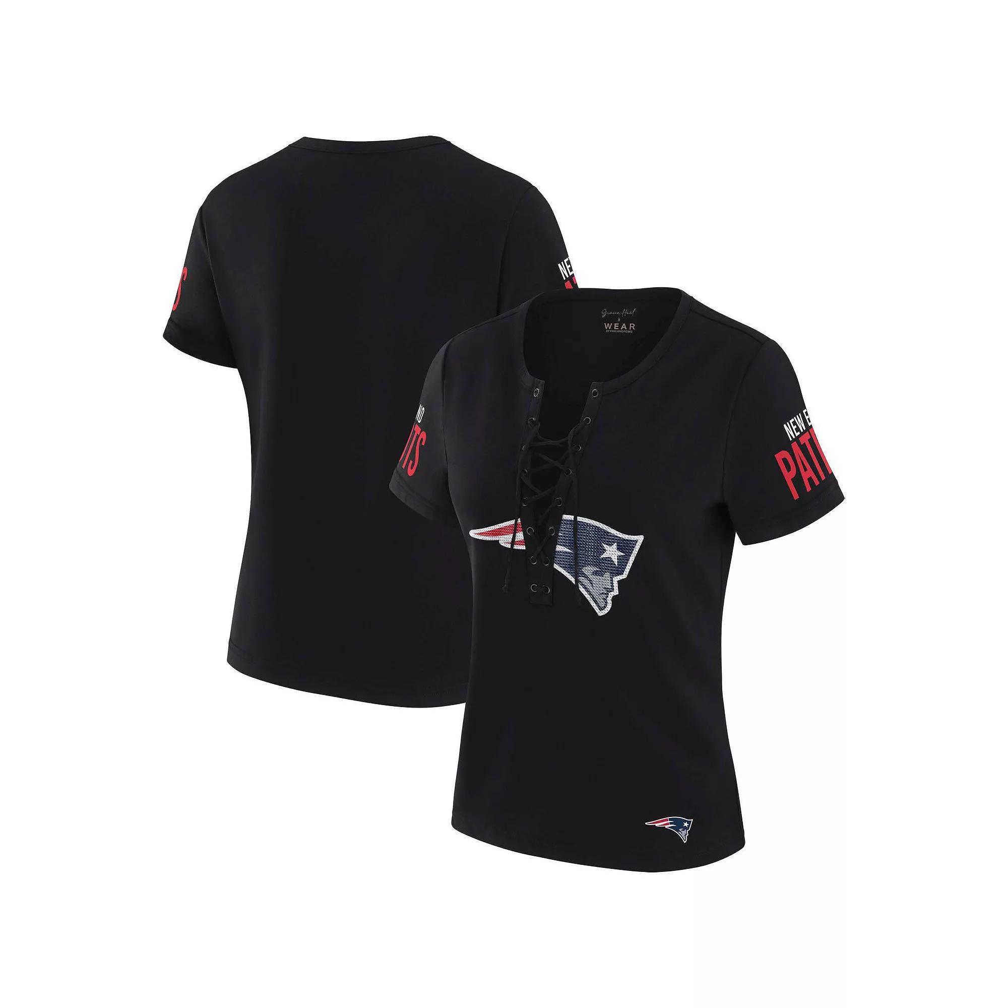 Women's WEAR by Erin Andrews x Gracie Hunt Black New England Patriots Draft Me Lace-Up T-Shirt, Size: Medium Product Image