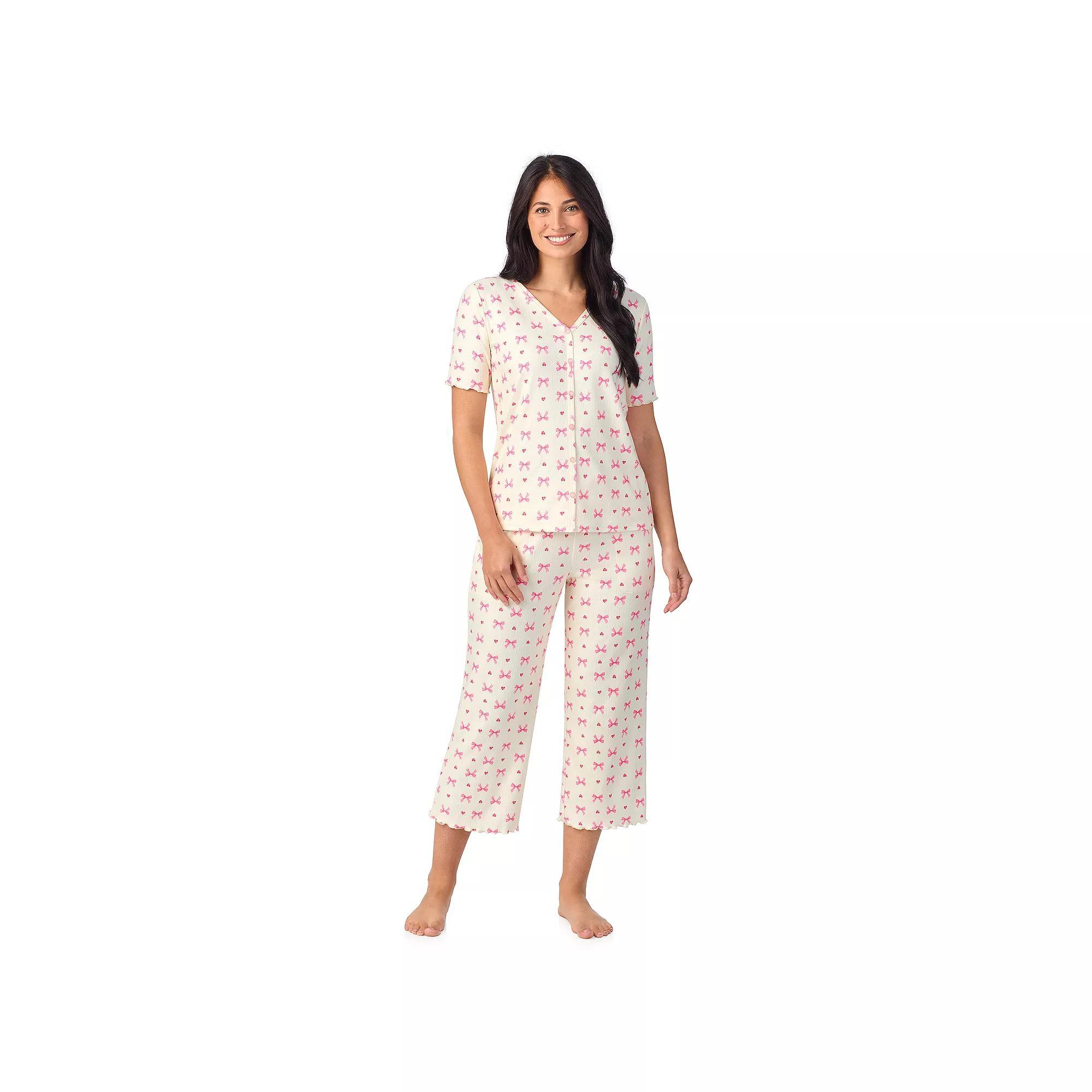 Women's Cuddl Duds® Pointelle Button-Front Pajama Top & Cropped Pajama Bottoms Set, Size: XXL, Ivory Bows Product Image