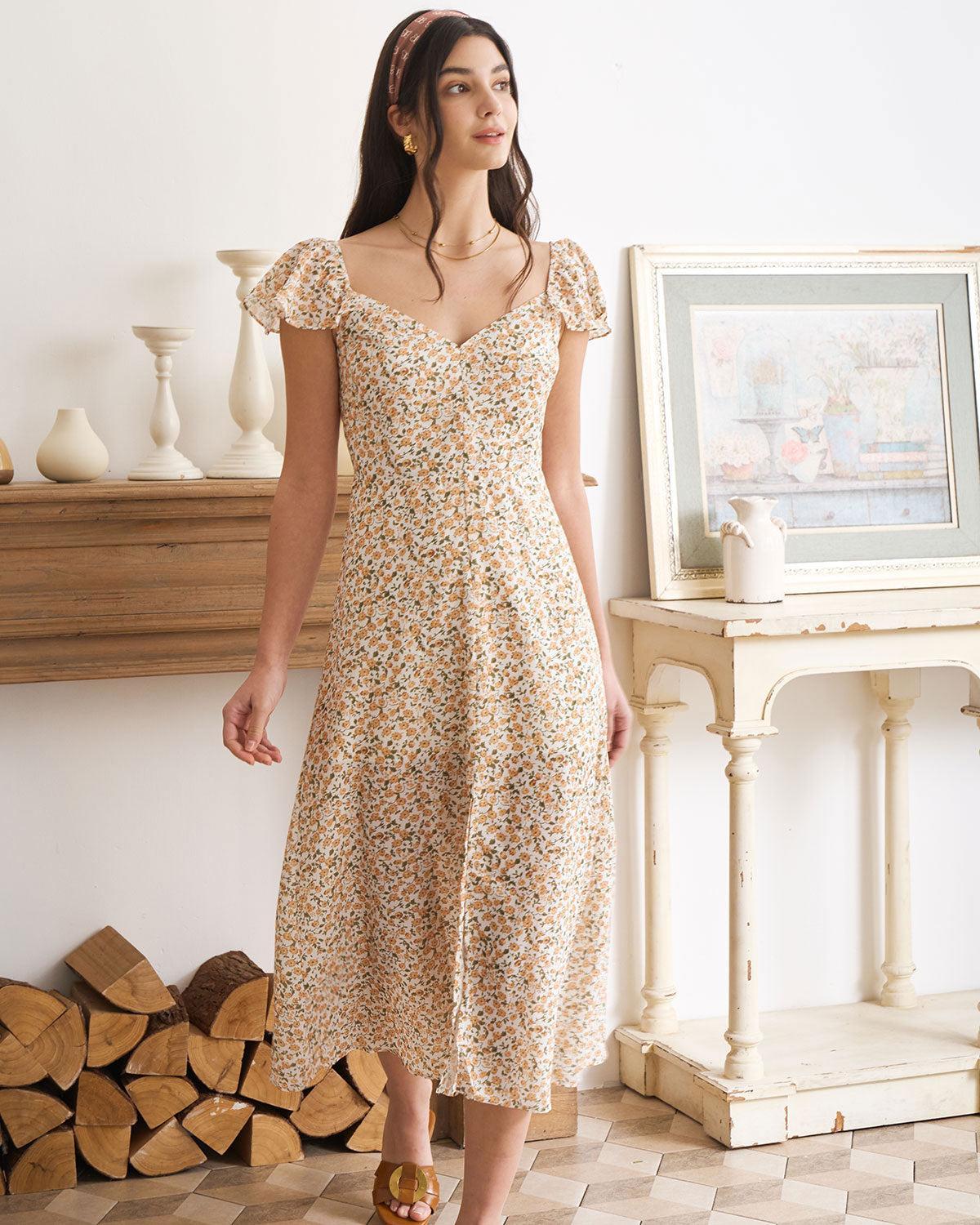 The Yellow V Neck Floral Slit Midi Dress Product Image